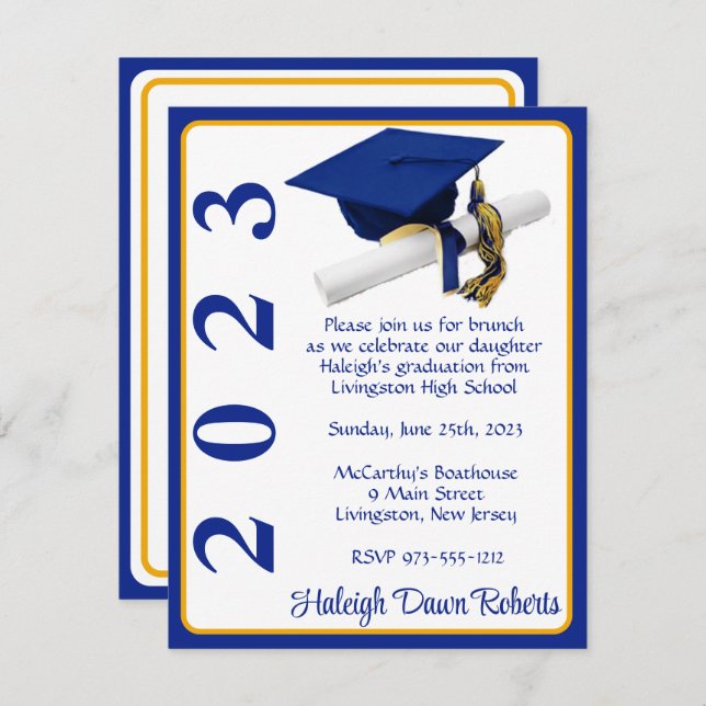 Cap & Diploma, Royal Blue & Gold Graduation Invitation (Front/Back)