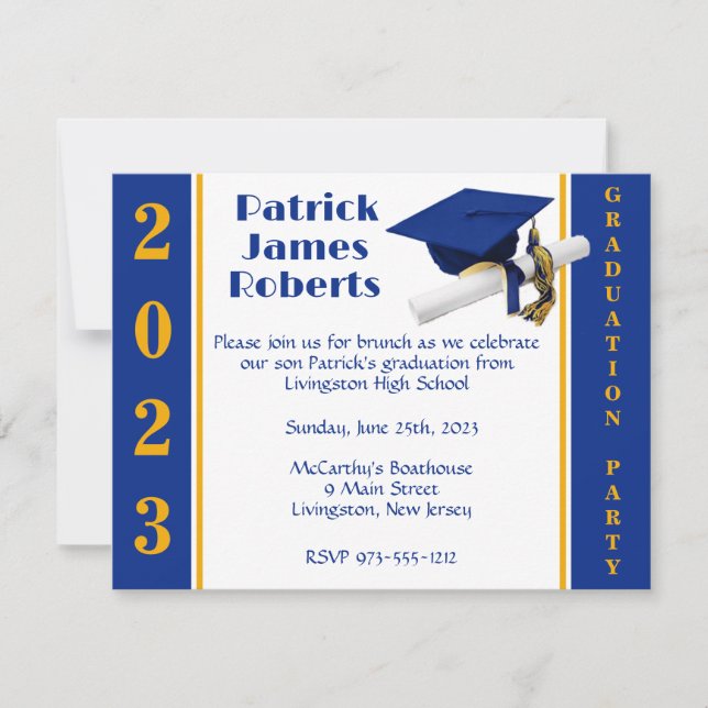 Cap & Diploma, Royal Blue & Gold Graduation Invitation (Front)