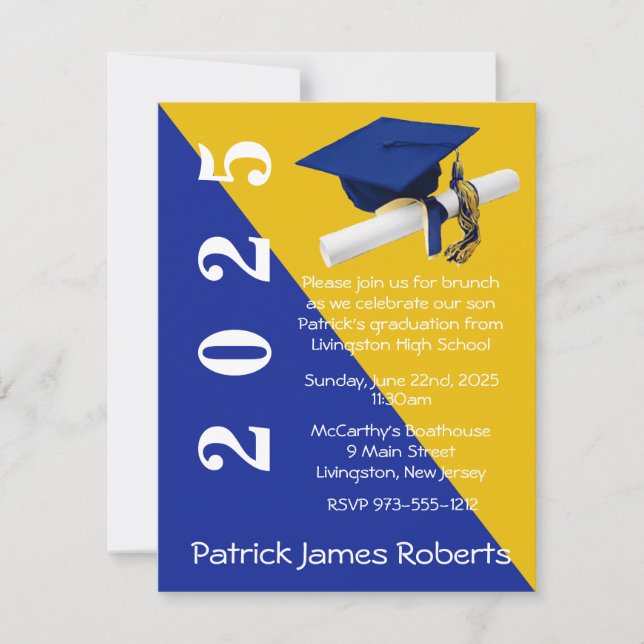 Cap & Diploma, Royal Blue & Gold Graduation Invitation (Front)