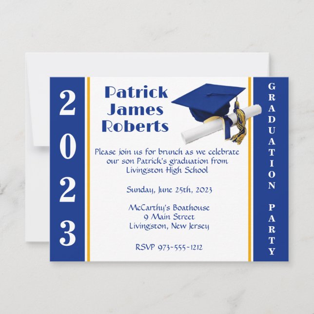 Cap & Diploma, Royal Blue & Gold Graduation Invitation (Front)