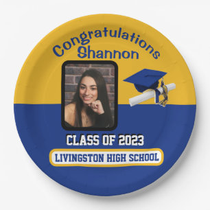 Cap & Diploma, Royal Blue & Gold Graduation Paper Plate