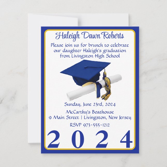 Cap & Diploma Royal Blue & Gold Graduation Party Invitation (Front)
