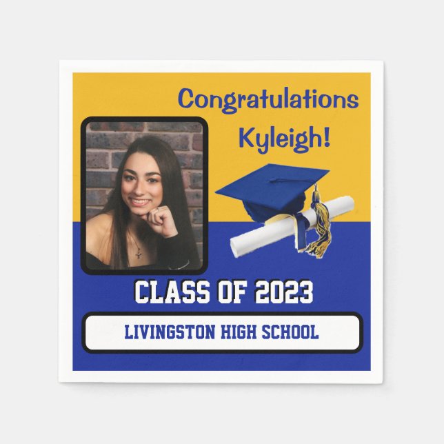Cap & Diploma, Royal Blue, Gold & White Graduation Napkin (Front)