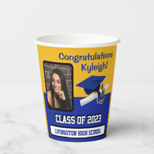 Cap & Diploma, Royal Blue, Gold & White Graduation Paper Cups