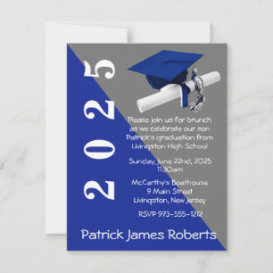 Cap & Diploma, Royal Blue & Grey Graduation Invitation
