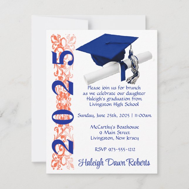 Cap & Diploma, Royal Blue & Orange Graduation Invitation (Front)