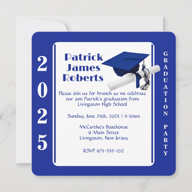 Cap & Diploma, Royal Blue  Rounded Graduation Invitation (Front)