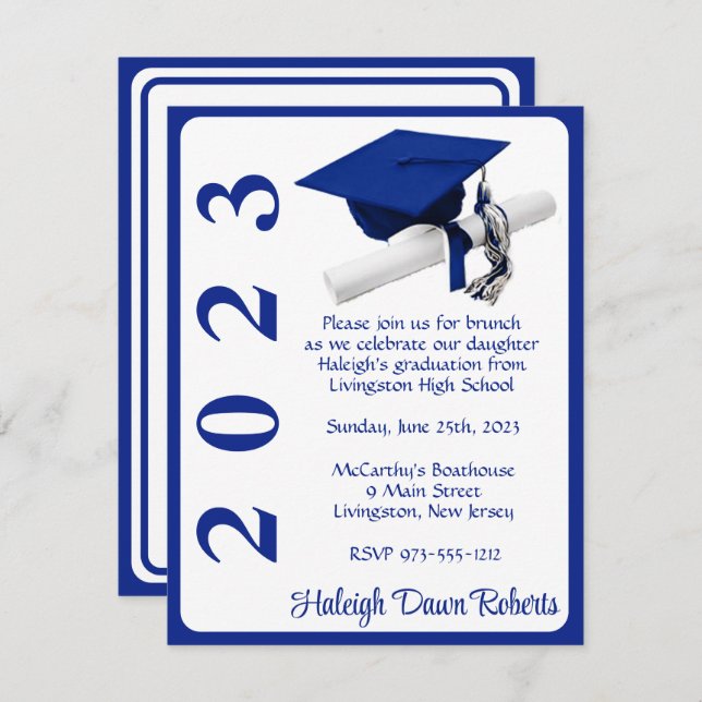 Cap & Diploma, Royal Blue & White Graduation Invitation (Front/Back)