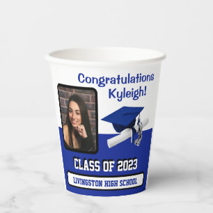 Cap & Diploma, Royal Blue & White Graduation Paper Cups