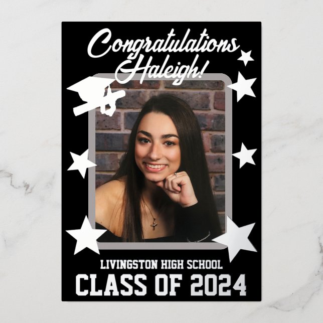 Cap, Diploma, & Stars, Black & Silver Graduation (Front)