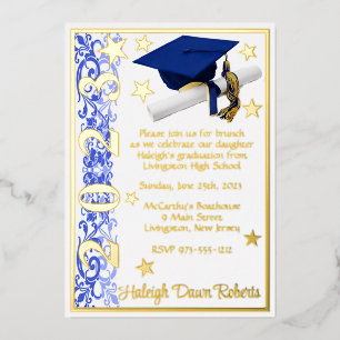 Cap, Diploma, & Stars, Blue, White, Graduation
