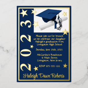 Cap, Diploma, & Stars, Dark Blue & Gold Graduation