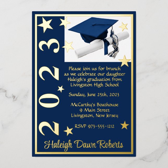 Cap, Diploma, & Stars, Dark Blue & Gold Graduation (Front)