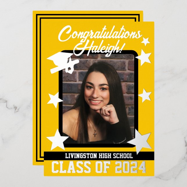 Cap, Diploma, & Stars, Gold & Black Graduation (Front/Back)