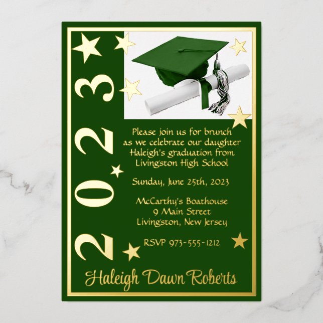 Cap, Diploma, & Stars, Green & Gold Graduation (Front)