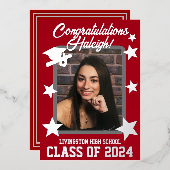 Cap Diploma & Stars Red & Silver Graduation (Front/Back)