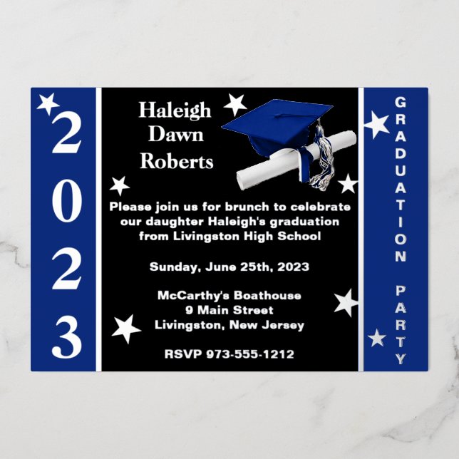 Cap, Diploma, & Stars, Royal Blue, Black, & Silver (Front)