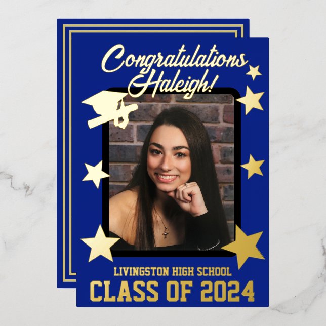 Cap, Diploma & Stars, Royal Blue & Gold Graduation (Front/Back)