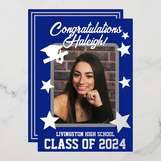 Cap, Diploma, Stars Royal Blue & Silver Graduation (Front/Back)