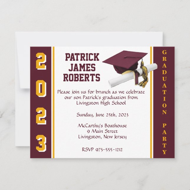 Cap & Diploma Varsity Maroon & Gold Graduation Invitation (Front)