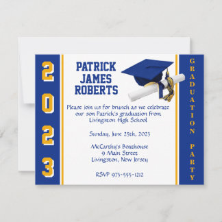 Cap & Diploma Varsity Royal Blue & Gold Graduation Invitation