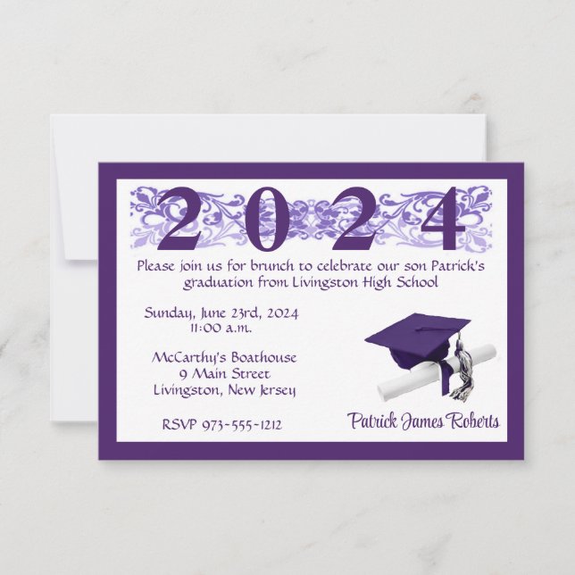 Cap & Diploma, White & Purple Graduation Invitation (Front)