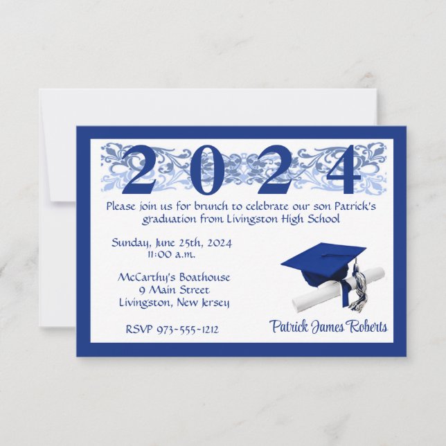 Cap & Diploma, White & Royal Blue Graduation Invitation (Front)