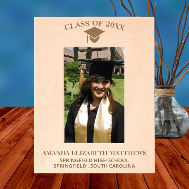 Cap N Tassel Simple 4x6P Chic Graduation Picture Etched Frames (The text templates make customizing this etched wood graduation picture frame a breeze)