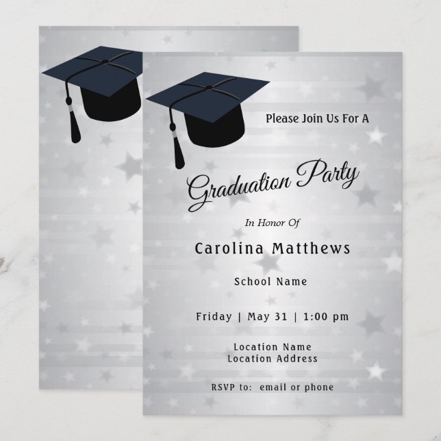 Cap Silver Stars Graduation Invitation (Front/Back)