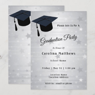 Cap Silver Stars Graduation Invitation