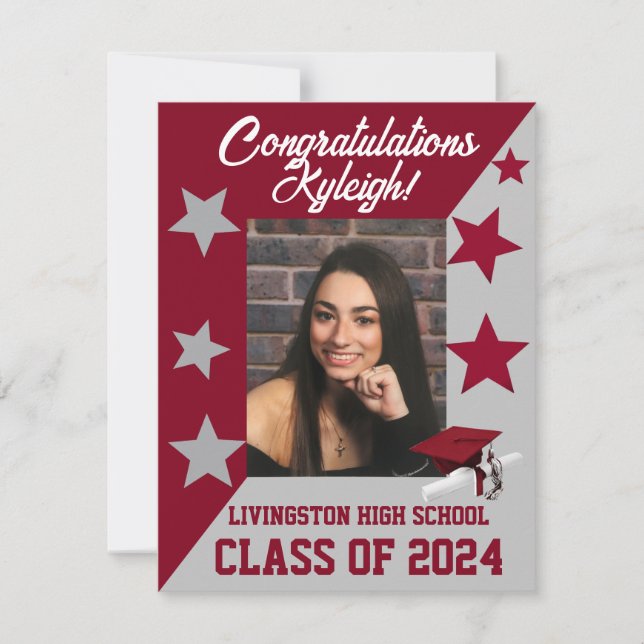 Cap & Stars Cardinal Red & Grey Graduation Invitation (Front)