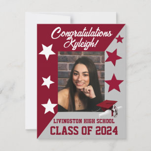 Cap & Stars Cardinal Red/White/Grey Graduation Invitation