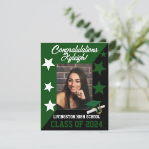Cap & Stars Green and Black Graduation Invitation