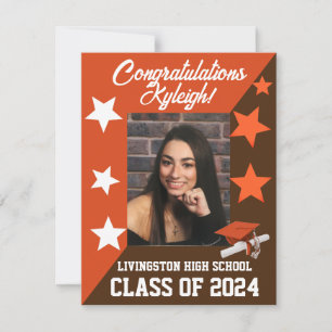 Cap & Stars Orange & Brown Graduation Invitation