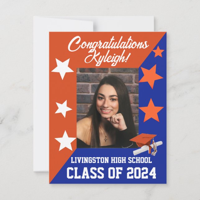 Cap & Stars Orange & Royal Blue Graduation Invitation (Front)