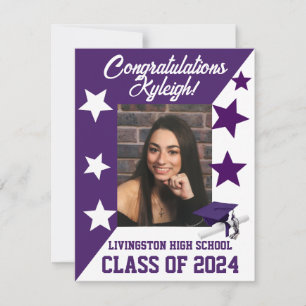 Cap & Stars Purple & White Graduation Invitation