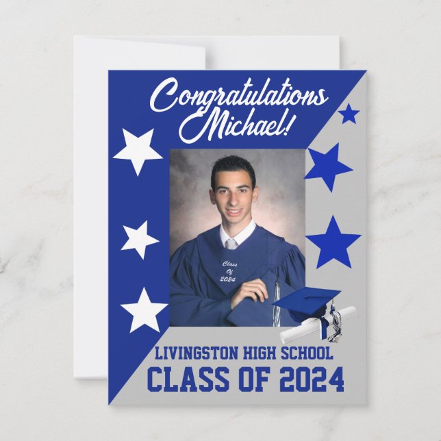Cap & Stars Royal Blue and Grey Graduation Invitation (Front)