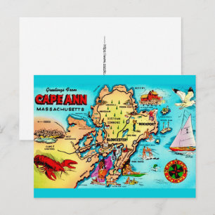 Cape Ann MA Colourful Map Postcard