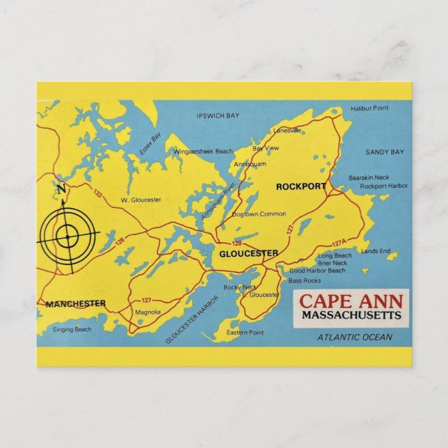 Cape Ann Massachusetts Map Postcard (Front)