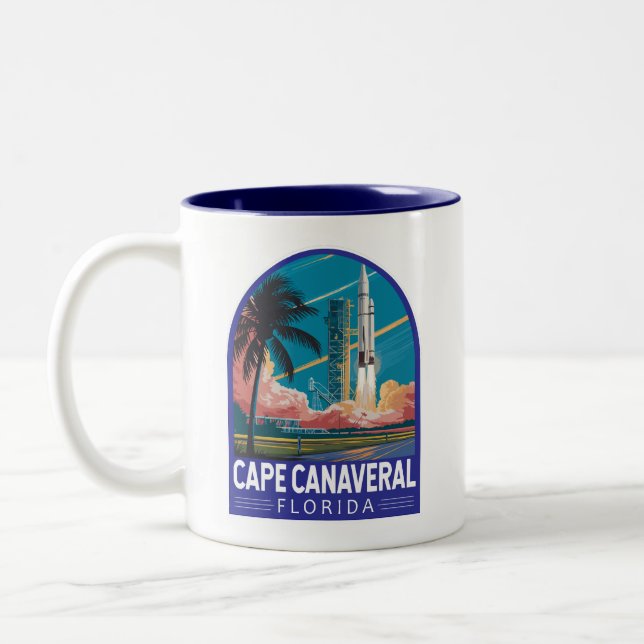 Cape Canaveral Florida Illustration Travel Art Two-Tone Coffee Mug (Left)