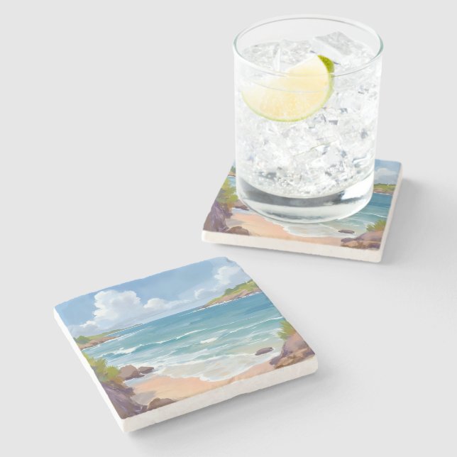 Cape Cod Beach Bay Ocean Painting Stone Coaster (Side)