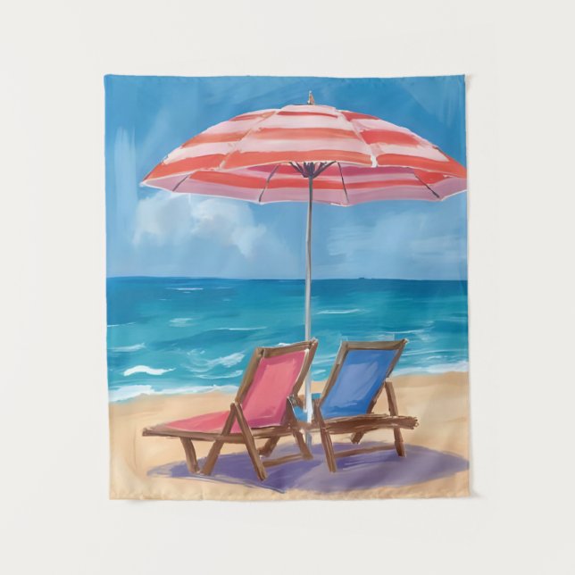 Cape Cod Beach Day | Watercolor Ocean MA Tapestry (Front)