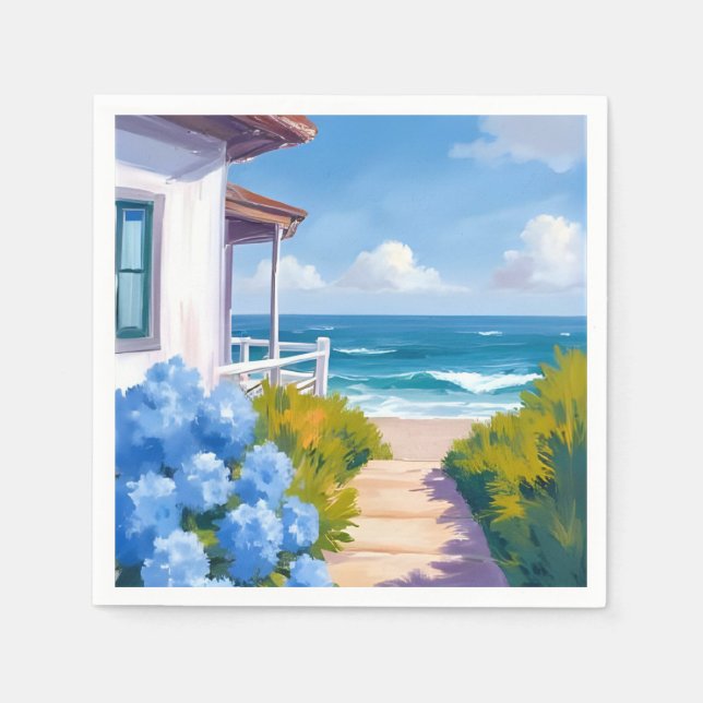 Cape Cod Beach Path | Hydrangea Coastal Painting Napkin (Front)