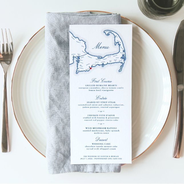 Cape Cod Destination Wedding Navy Blue  Menu (These navy blue and white Cape Cod Map Wedding menus are perfect for your wedding at Popponesset inn)