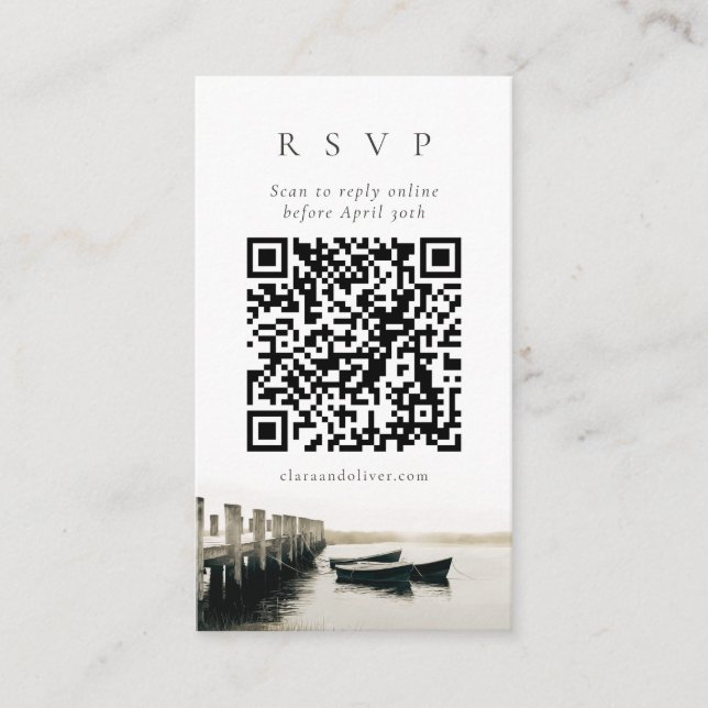 Cape Cod Harbour Dock Nautical QR Code RSVP Card  (Front)