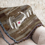 Cape Cod Home Town Personalised Wood Look Throw Blanket<br><div class="desc">Show some hometown pride with this cute rustic faux wood plank throw blanket featuring "home" in white calligraphy script lettering with a silhouette map of Cape Cod standing in for the letter "O." A pink heart illustration inside the state map completes the design; you can change the position of the...</div>