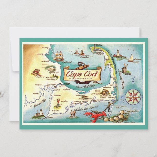 Cape Cod MA 5x7 Map Postcard (Front)