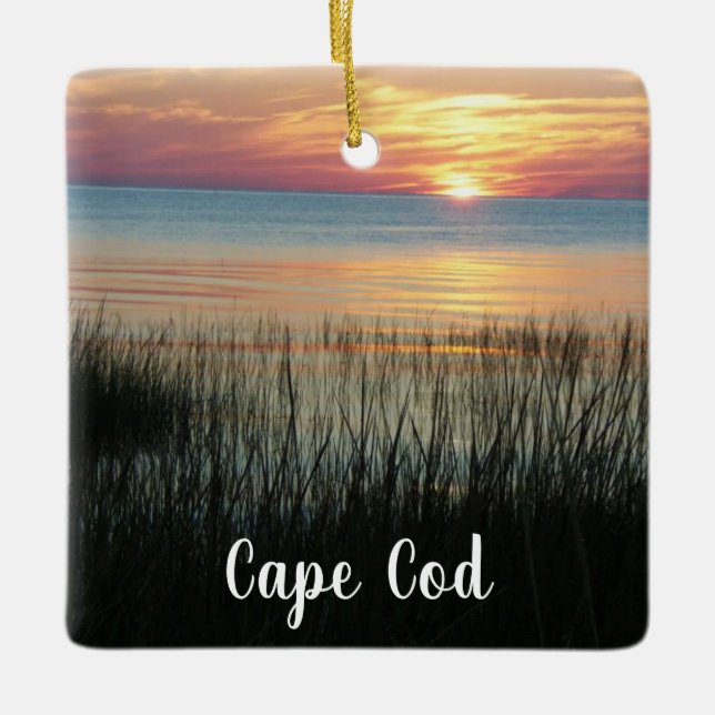Cape Cod, Ma, Beach Ocean Sunset Christmas Ceramic Ornament (Front)