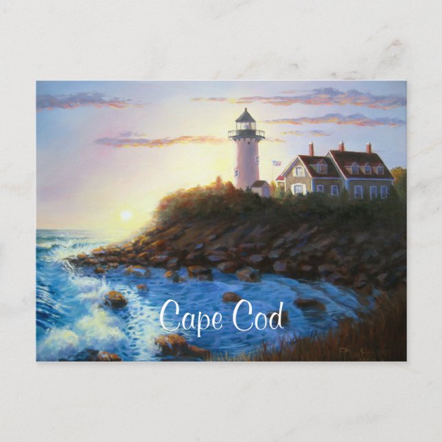 Cape Cod MA Nobska Lighthouse Painted Postcard (Front)