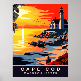 Cape Cod, MA, Sunset on the Coast, Travel Poster